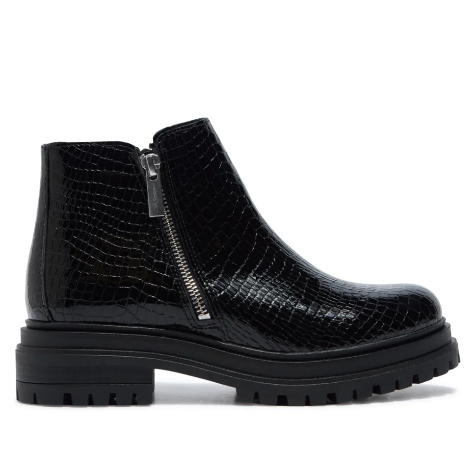 Arletta Black Croc Patent Leather Ankle Boots