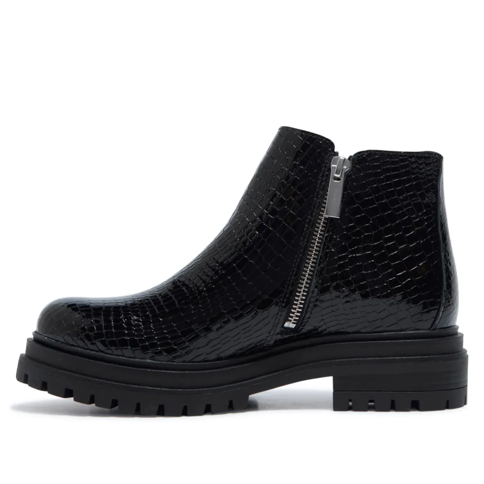 Arletta Black Croc Patent Leather Ankle Boots