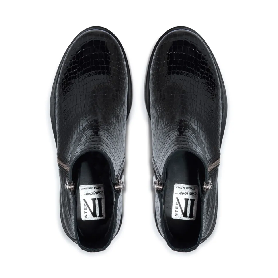 Arletta Black Croc Patent Leather Ankle Boots