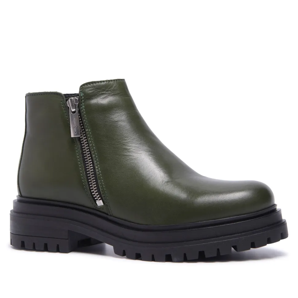 Arletta Green Leather Ankle Boots