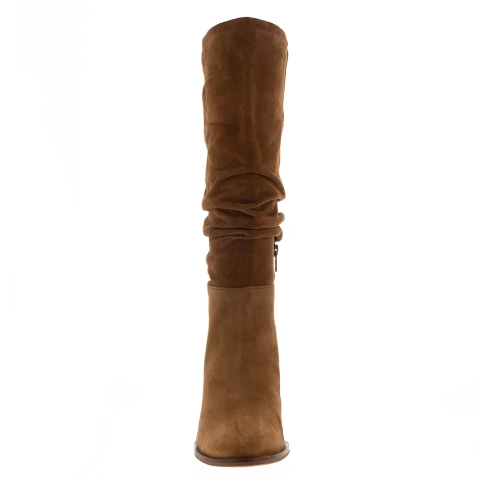 Ellis Tan Rouched Suede Long Ankle Boots