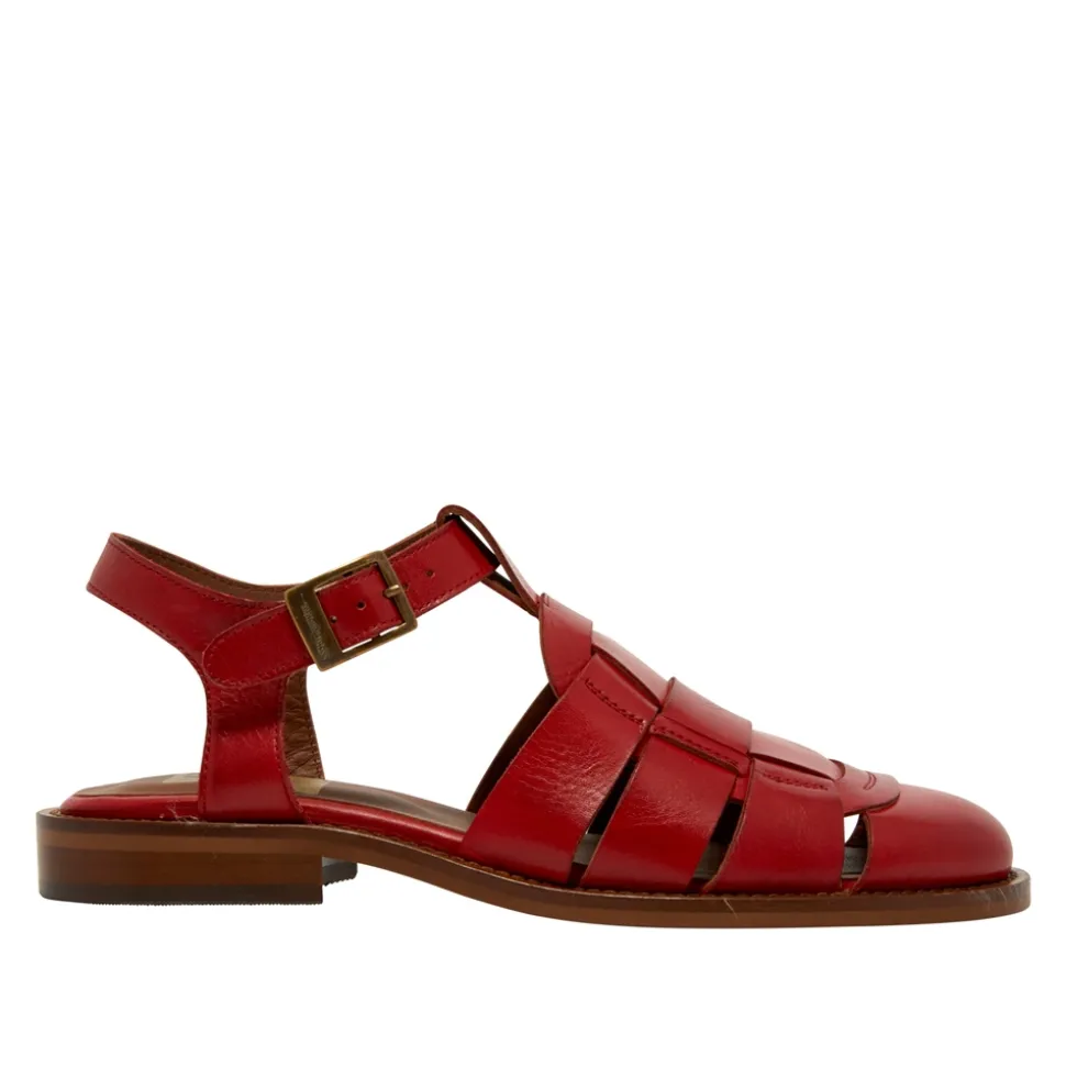 Emelot Red Leather Flat Sandals