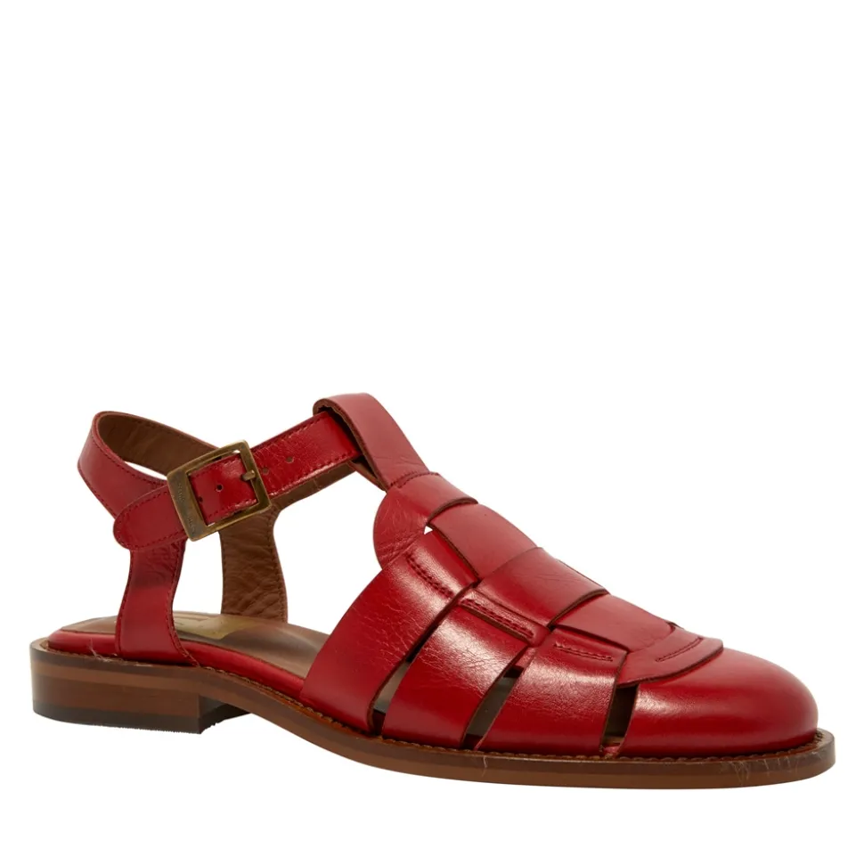 Emelot Red Leather Flat Sandals