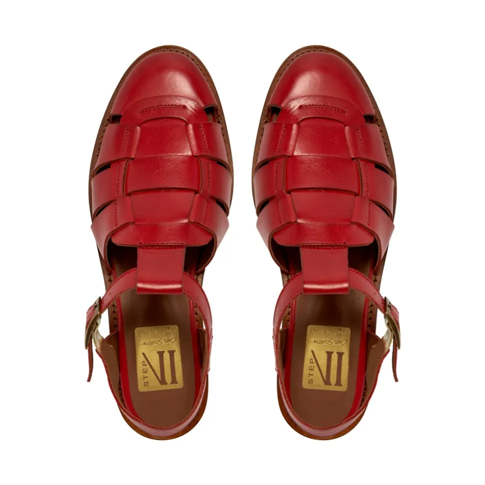 Emelot Red Leather Flat Sandals