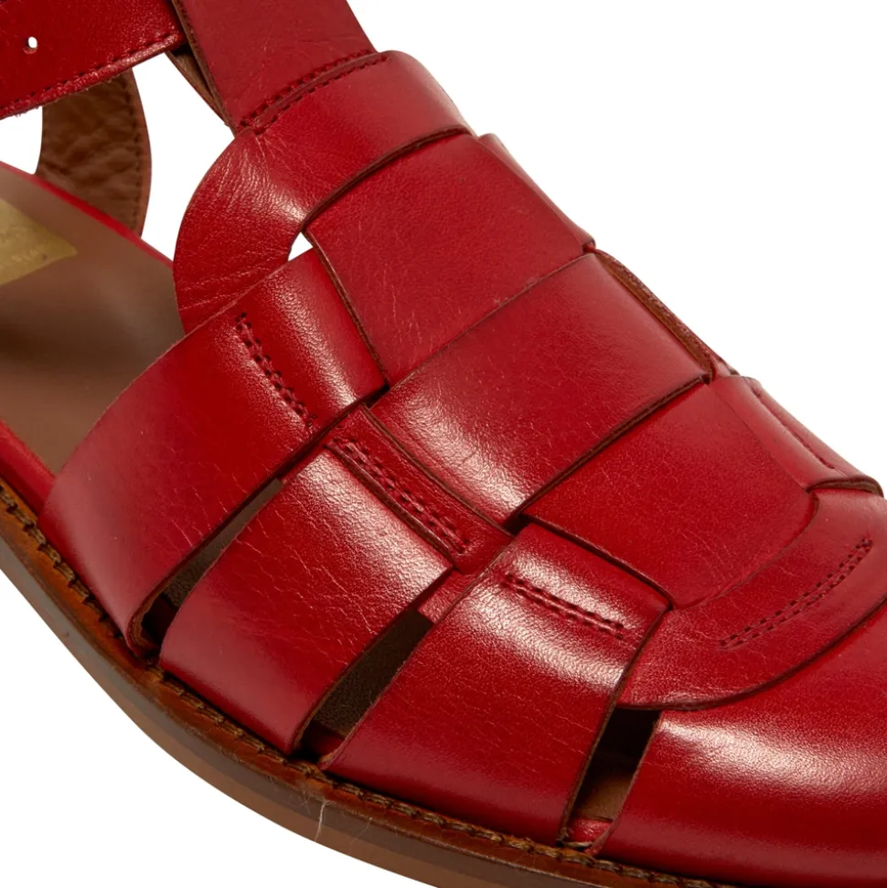 Emelot Red Leather Flat Sandals