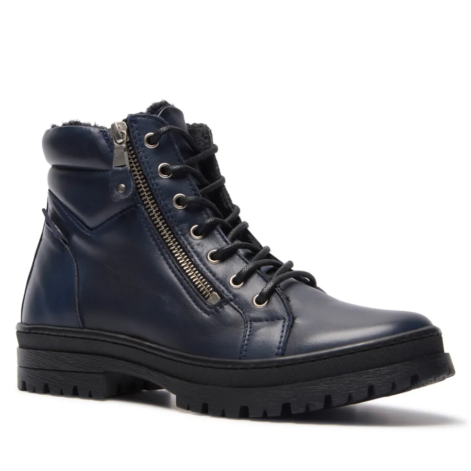 Galina Navy Leather Ankle Boots