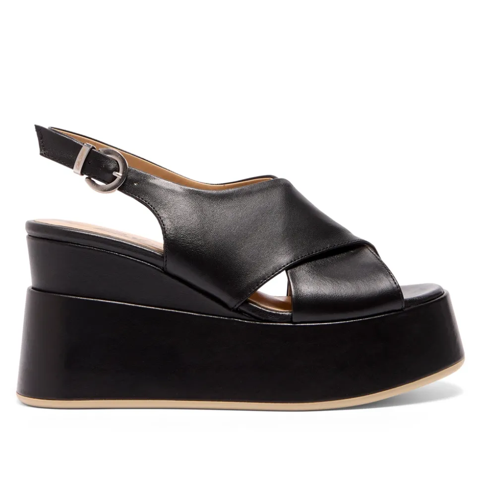 Glorioso Black Leather Wedge Platform Sandals