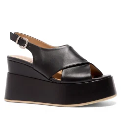 Glorioso Black Leather Wedge Platform Sandals