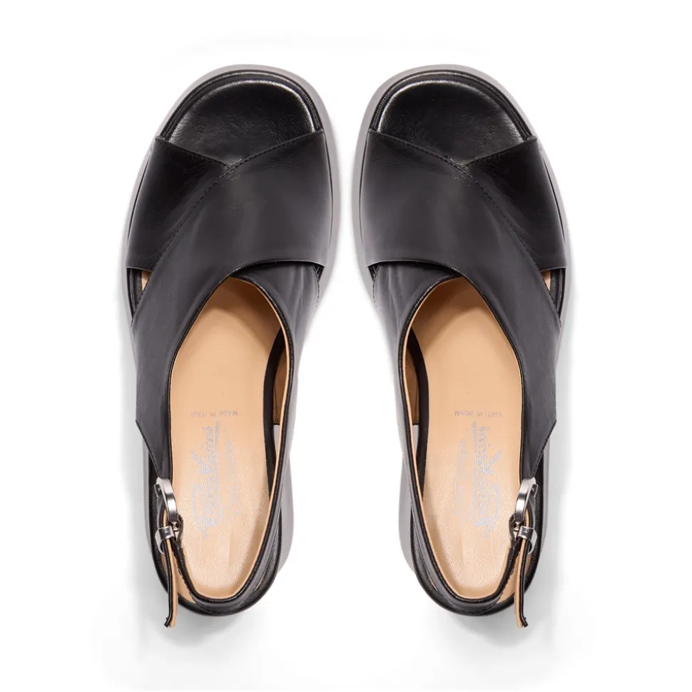 Glorioso Black Leather Wedge Platform Sandals
