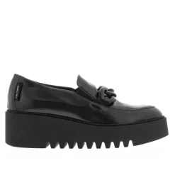 Lizi Black Leather Chain Wedge Loafers