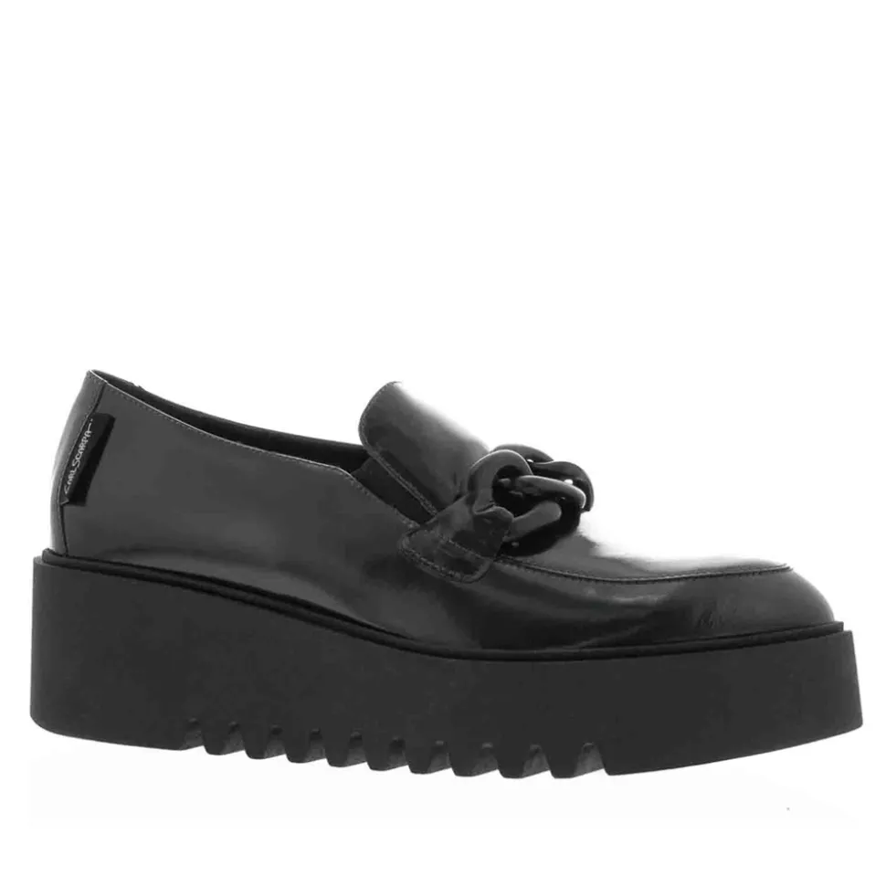 Lizi Black Leather Chain Wedge Loafers