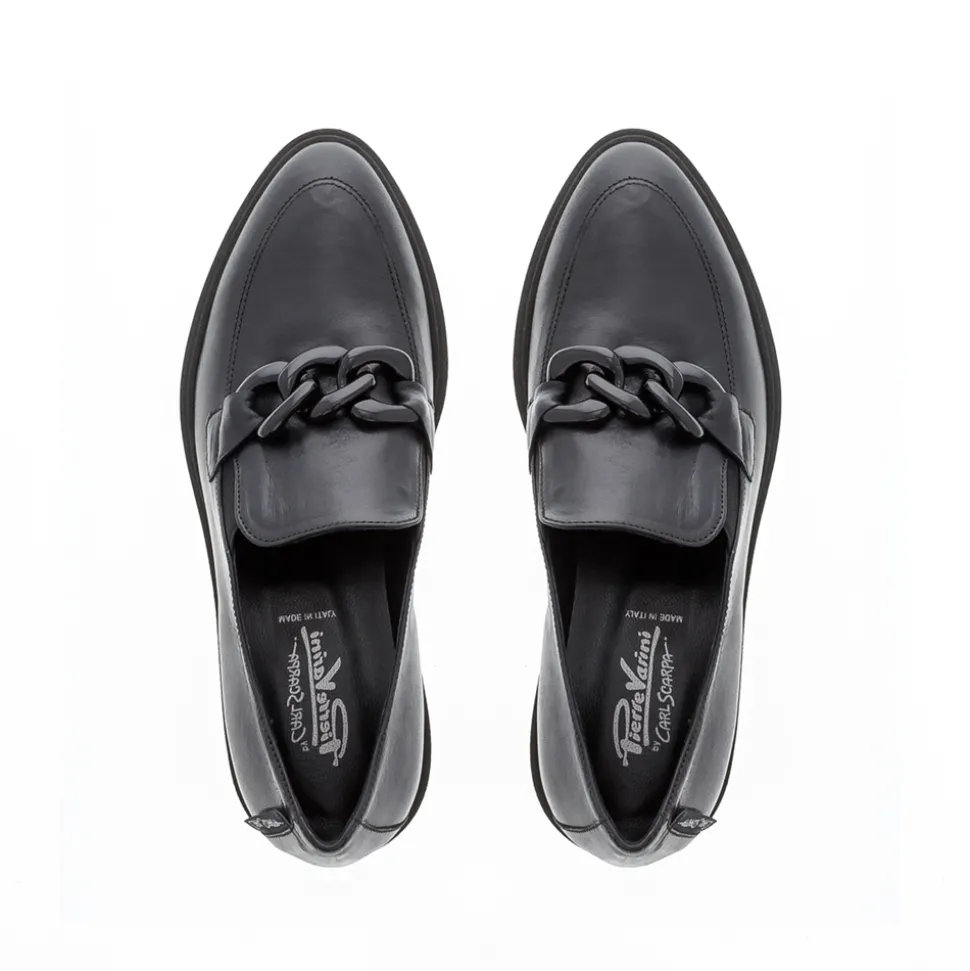 Lizi Black Leather Chain Wedge Loafers