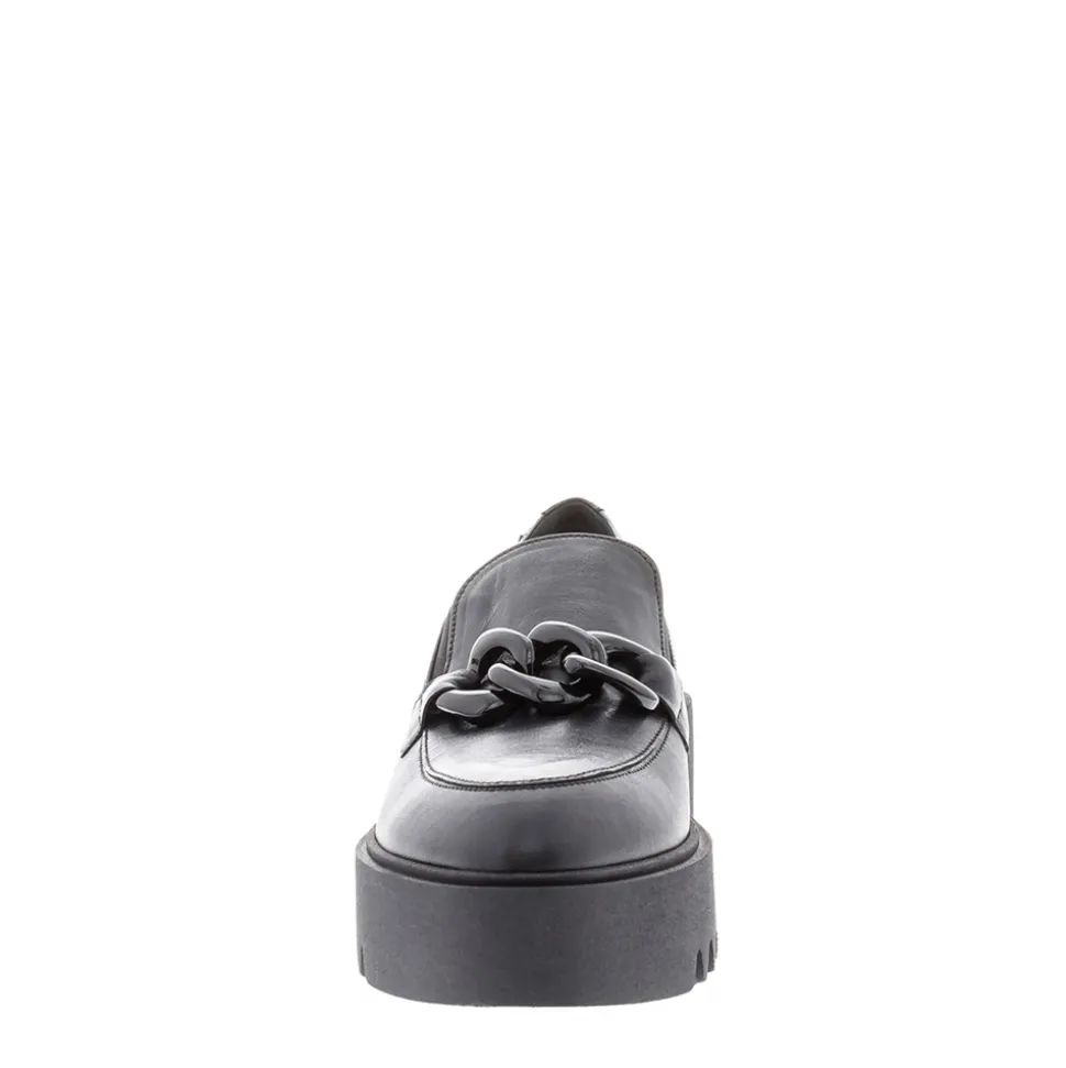 Lizi Black Leather Chain Wedge Loafers