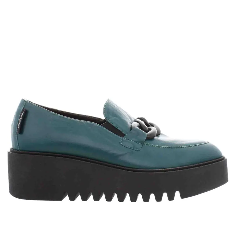 Lizi Teal Leather Chain Wedge Loafers