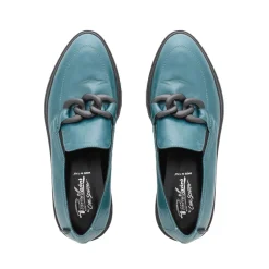 Lizi Teal Leather Chain Wedge Loafers
