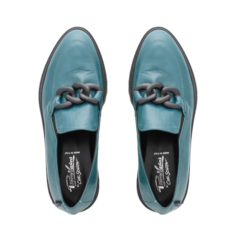 Lizi Teal Leather Chain Wedge Loafers