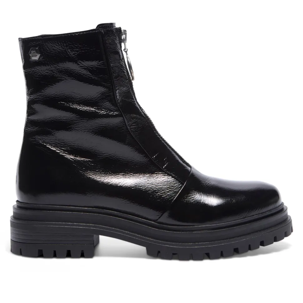 Savita Black Patent Leather Zip-Up Ankle Boots