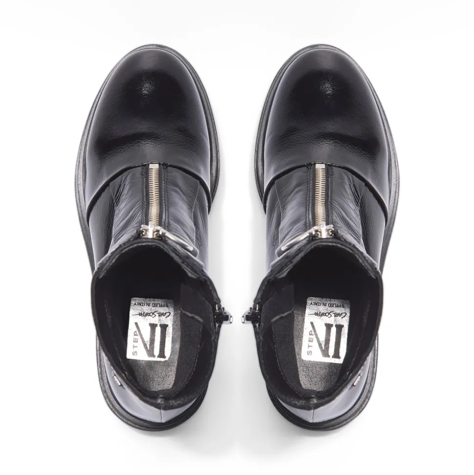 Savita Black Patent Leather Zip-Up Ankle Boots