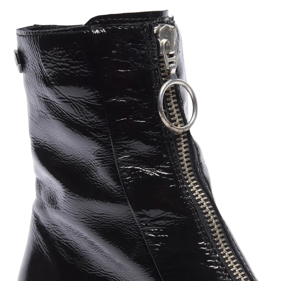 Savita Black Patent Leather Zip-Up Ankle Boots