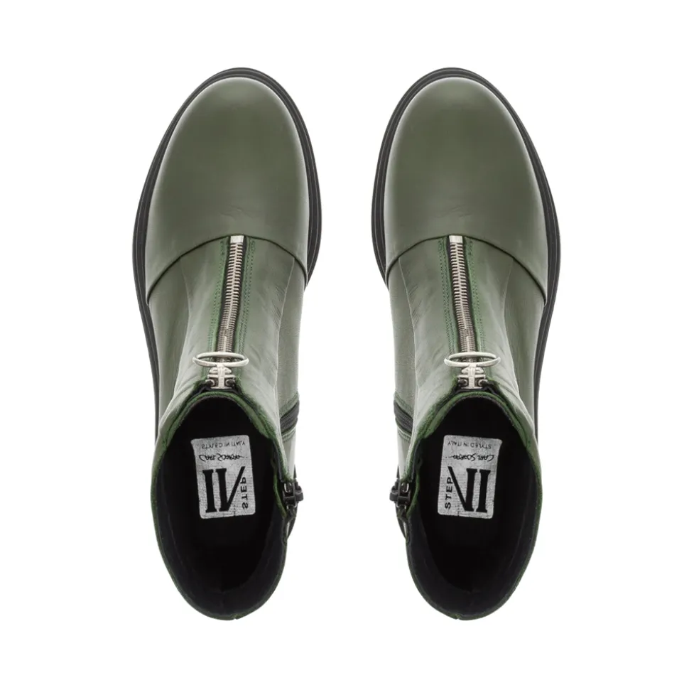 Savita Green Leather Zip-Up Ankle Boots